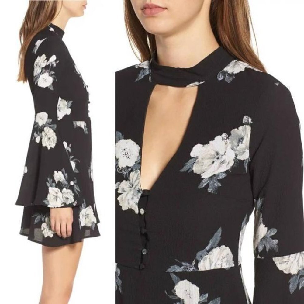Socialite Black Harper Bell Sleeve Cocktail Dress Floral.  Size small